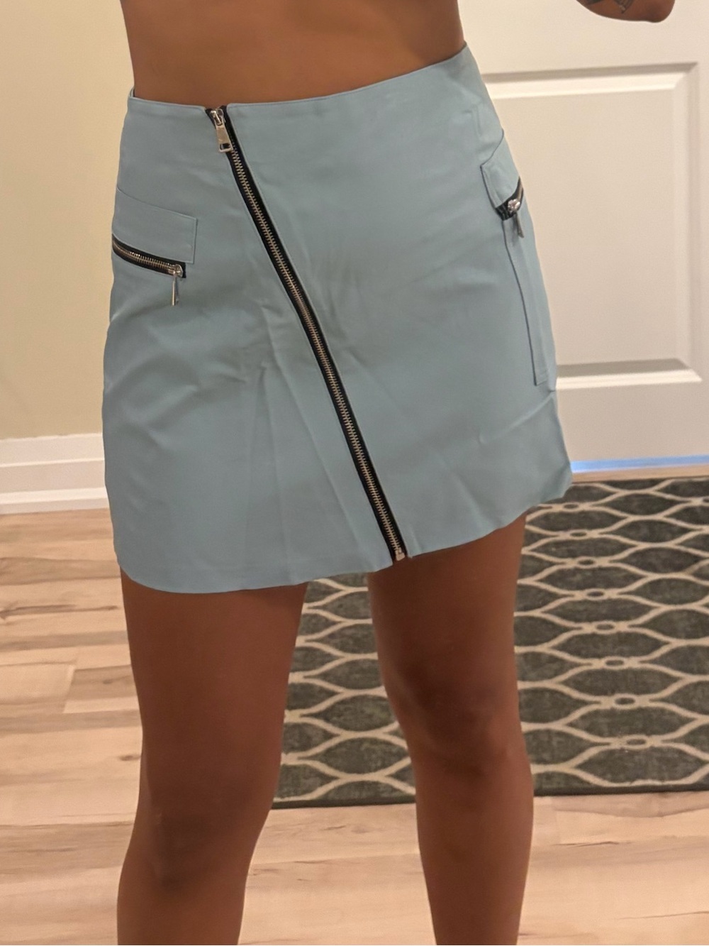 Sky Blue Mini Skirt with Diagonal Zip Detail